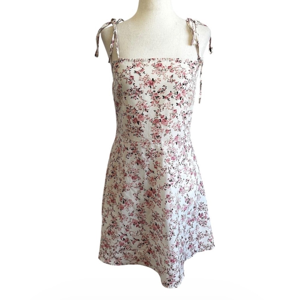 Shein Women Floral Tie Shoulder Smocked Back Mini Dress Pink White Medium | 0080